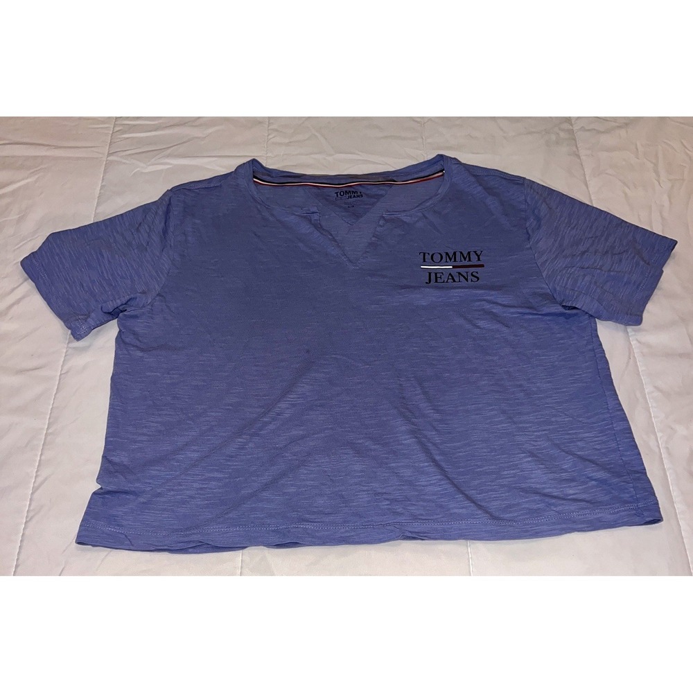 Tommy Jeans Women's Cropped T Shirt Short Sleeve Blue V-Neck Small Y2K 90s